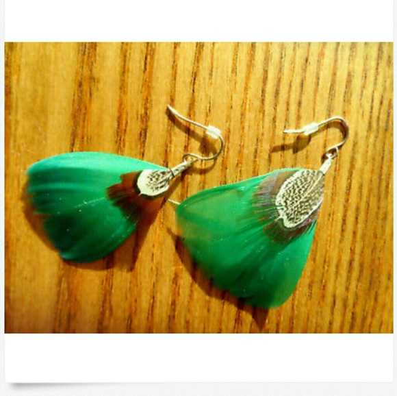 PEACOCK FEATHER Earrings Green Brown Goldtone boho - Picture 3 of 4